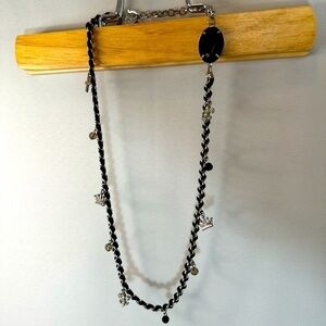 Cookie Lee Braided Black Sliver Tone With Charms Black Stone Necklace 11 inches.